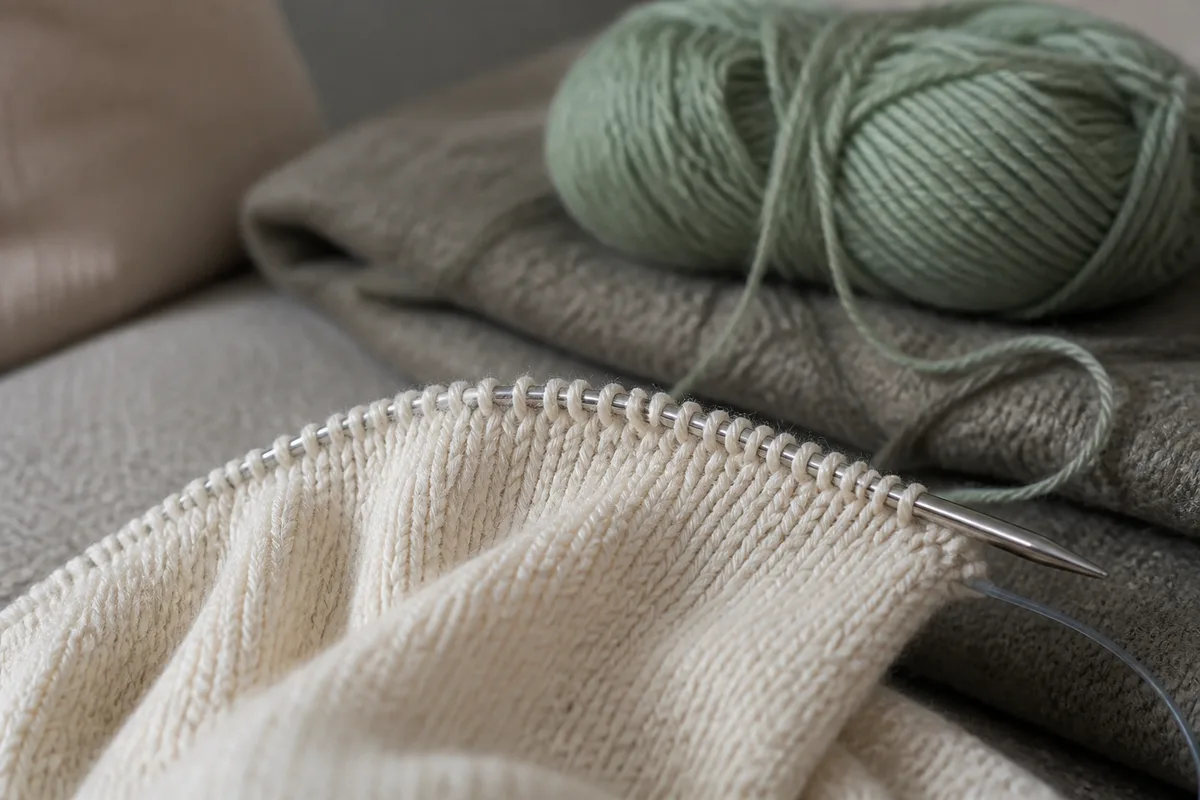 Ouvrage de tricot en cours sur aiguilles circulaires à câble souple, pelote posée à côté