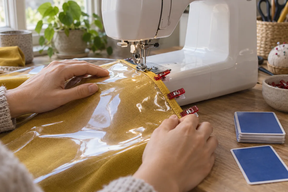 Mains qui piquent du vinyle cristal sur une toile à la machine à coudre