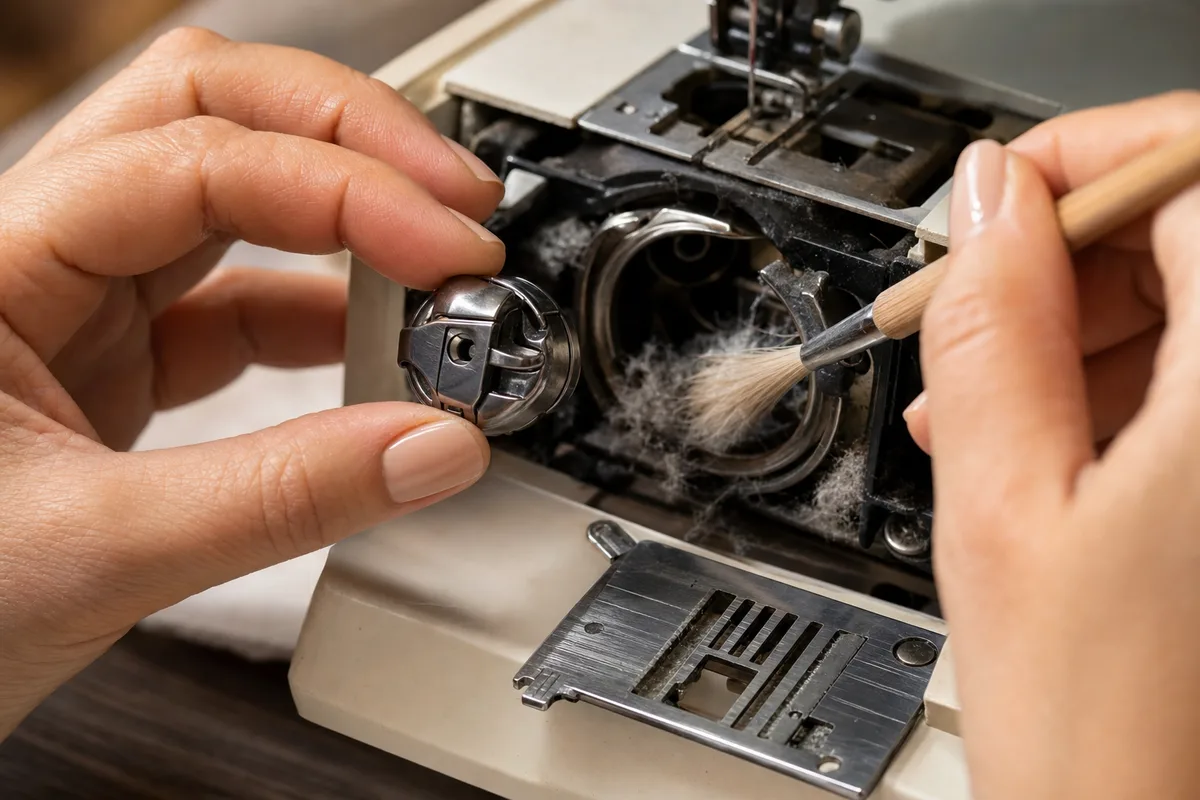 Mains ouvrant le compartiment canette d une machine à coudre pour brosser le crochet