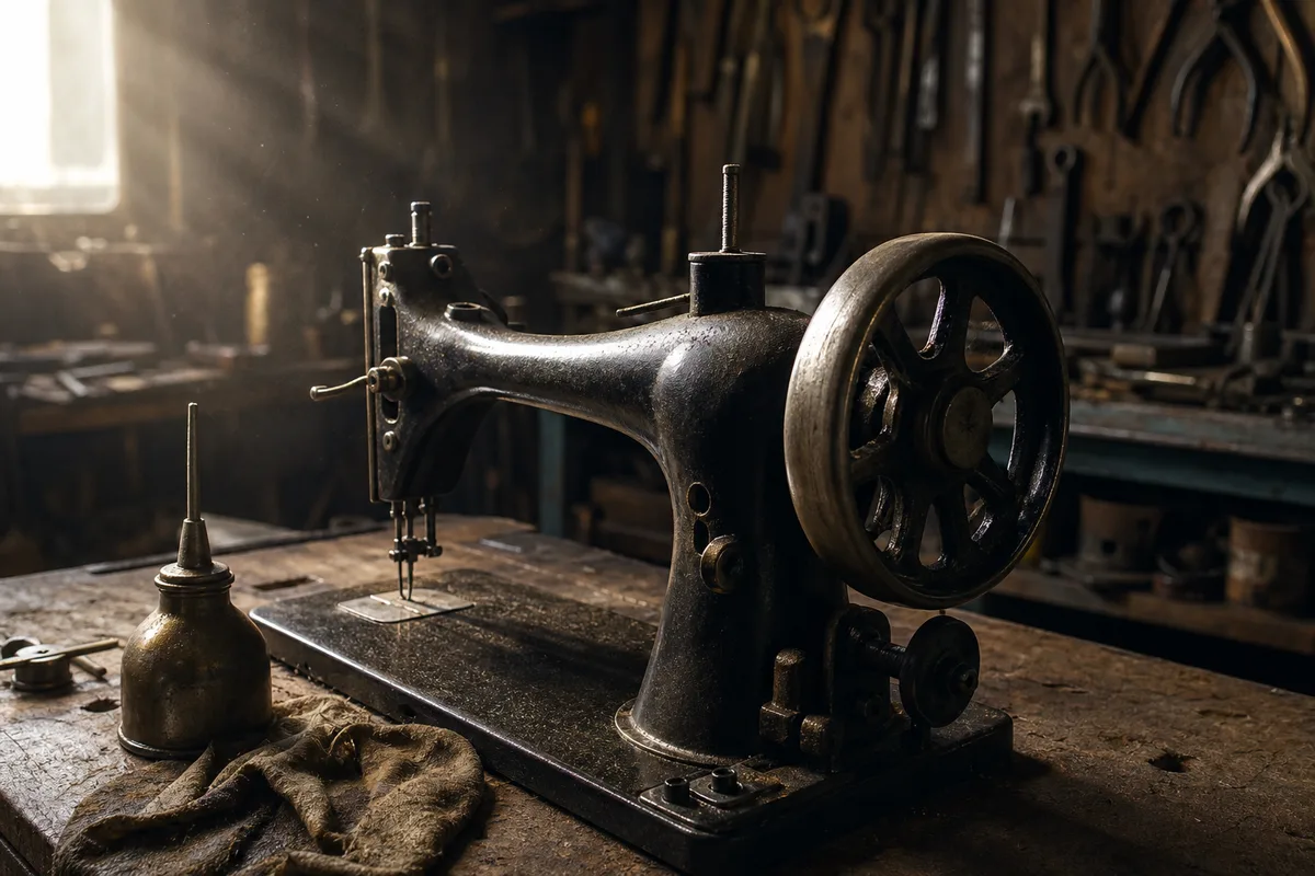 Ancienne machine à coudre mécanique en fonte posée sur un établi de réparation avec burette d huile