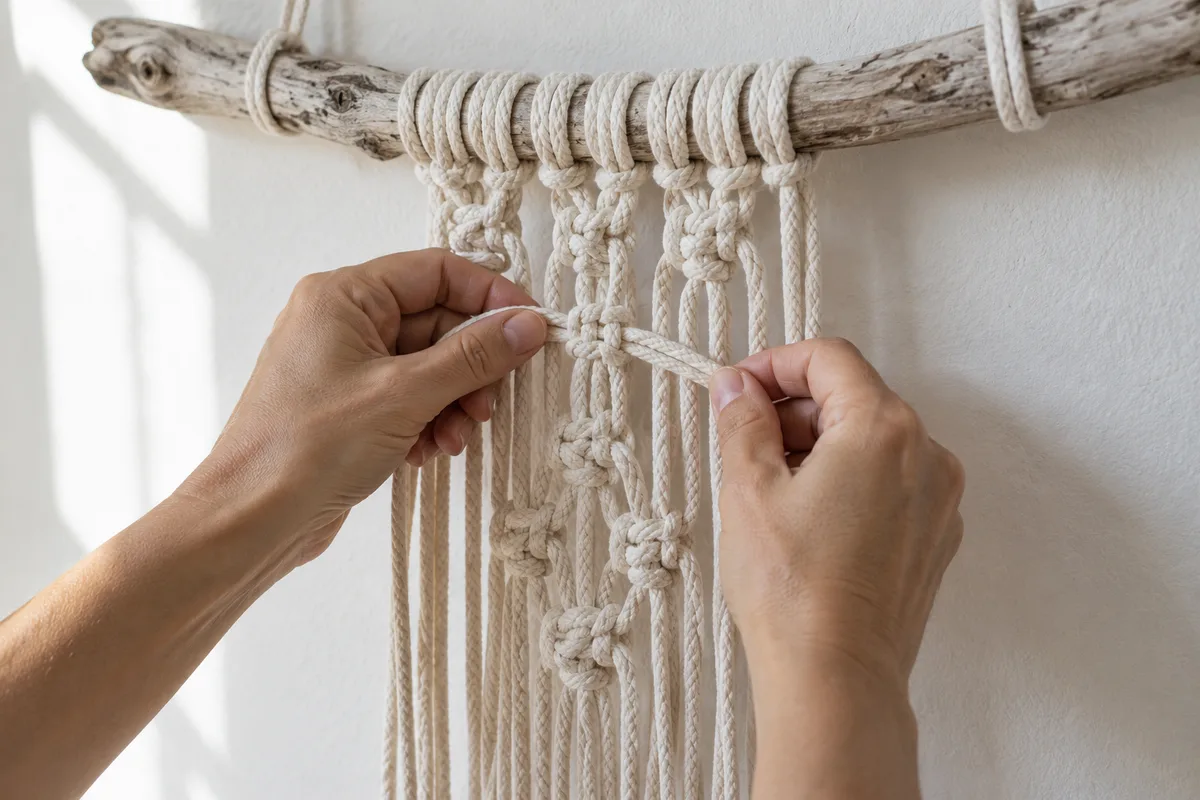 Mains d’adulte qui serrent un nœud de macramé sur des cordes écrues suspendues à une branche