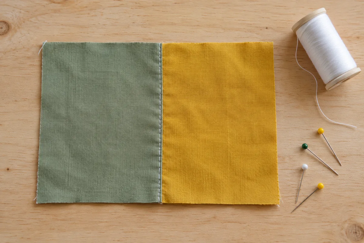 Deux carrés de patchwork en coton uni assemblés par une couture visible, posés sur une table en bois