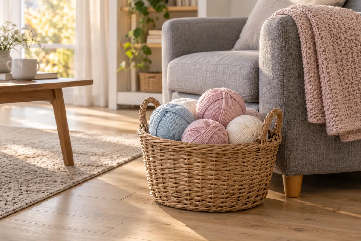 Panier en osier rempli de pelotes de laine pastel posé au pied d’un fauteuil