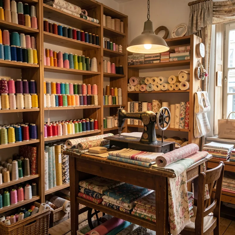 Comptoir de la mercerie La Cousette avec bobines de fil et tissus